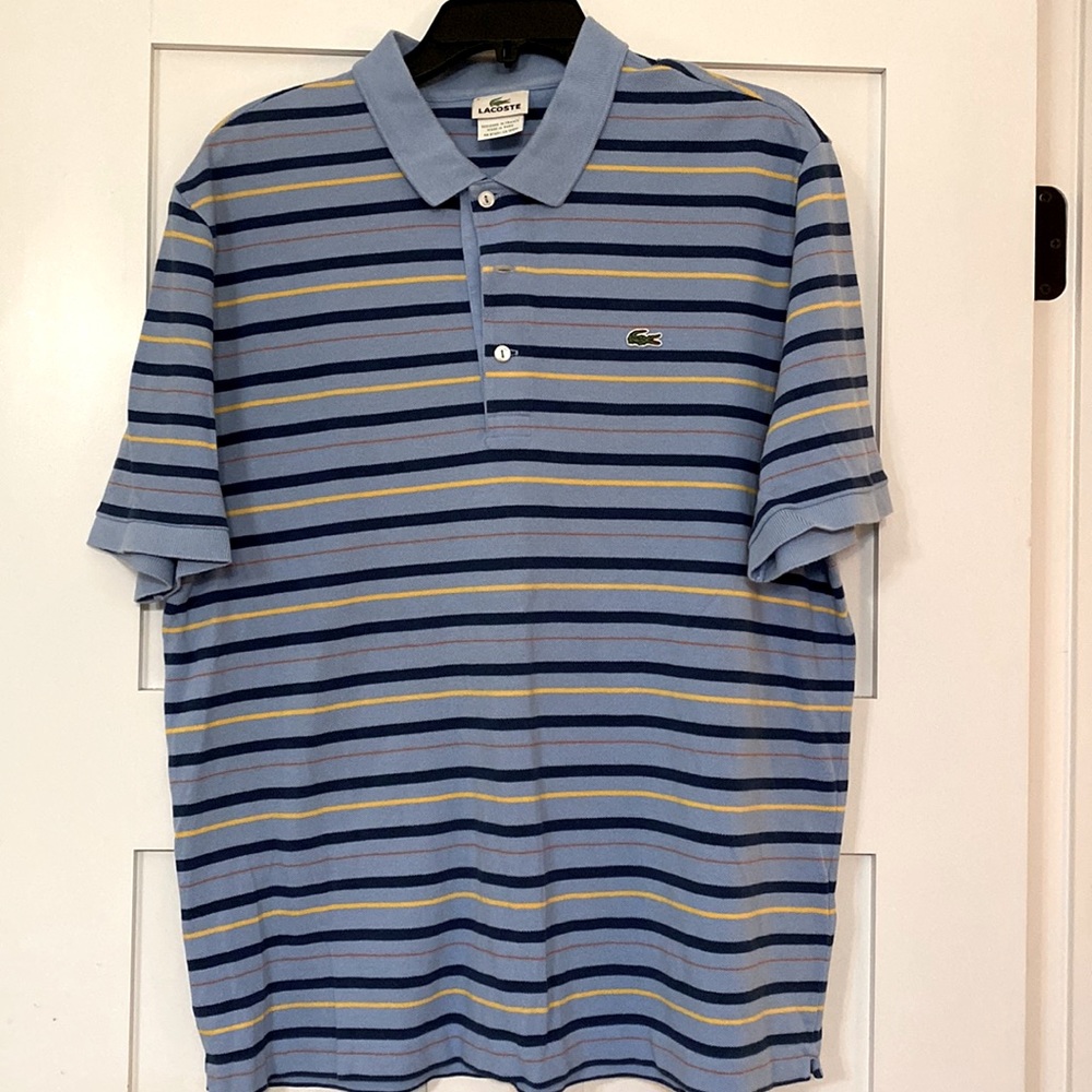 Lacoste Mens Short Sleeve Polo.. Size 6. Stripes are yellow, orange, blue